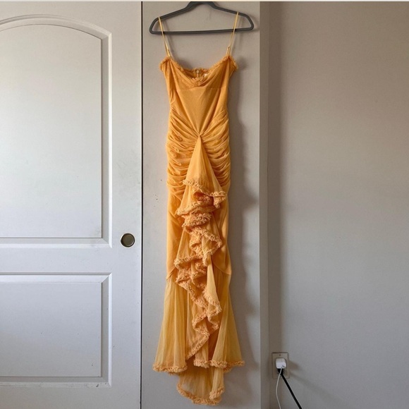 House of CB Yellow Asymmetrical Gabbi Ruffled Gown - Picture 2 of 7
